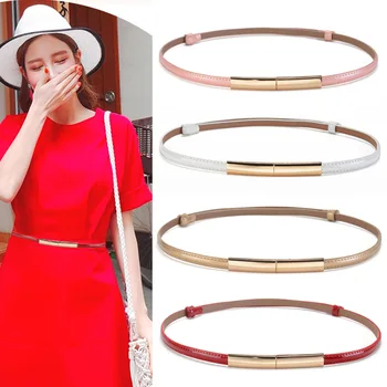 

2020 New Ladies Black Red White Pink Gold Narrow Thin Leather Belts for Dresses Women Genuine Leather Waist Belt Cinturon Mujer