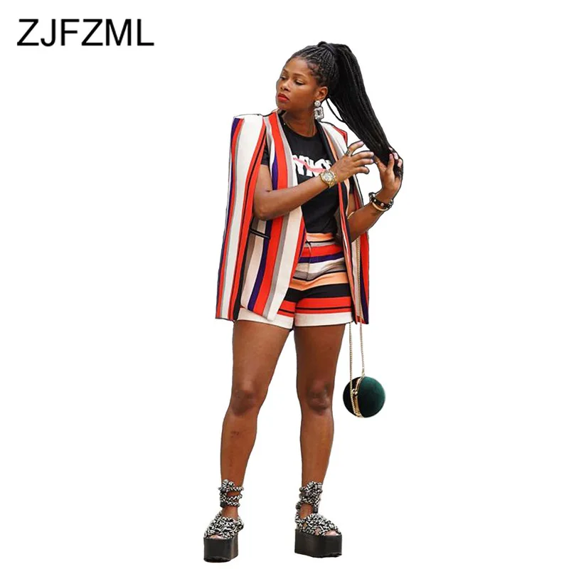 

Colorful Stripes Sexy Two Piece Matching Sets Womens Clothing Cut-Out Cloak Sleeve X-Long Coat and Biker Shorts Fall Outfits