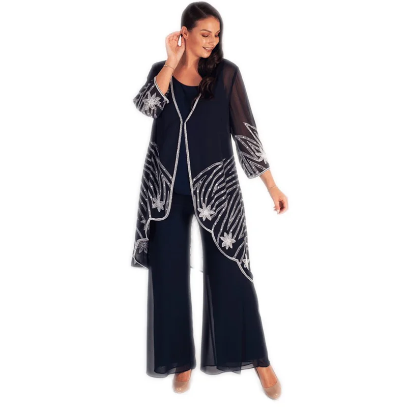 

Navy Beaded Mother of the Bride Dresses Floral Motif Embroidered Chiffon Coat With Scalloped Hem Three Pieces Women Outfit