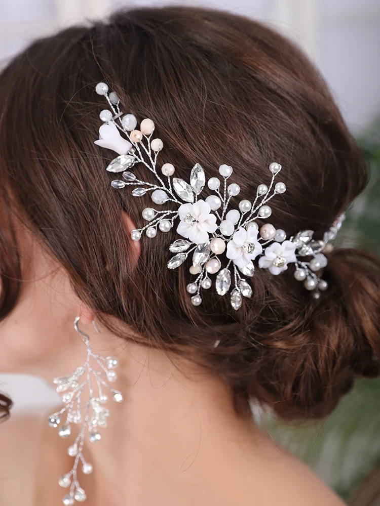 Wedding Head Jewelry Set Silver Flower Women Handmade Headband Evening ...