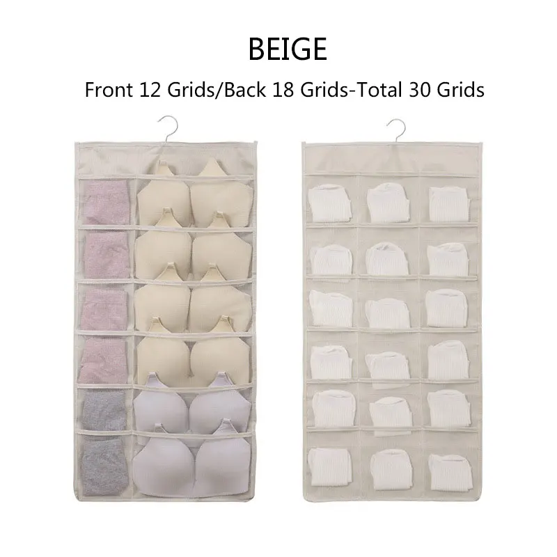 Beige 30 grid 1piece Твердый, подвесной мешок для одежды, нижнее белье, бюстгальтер, двухсторонняя тканевая сумка для хранения, Сортировочная посылка, 1 шт., дверной настенный подвесной Органайзер - Color: Beige 30 grid 1piece