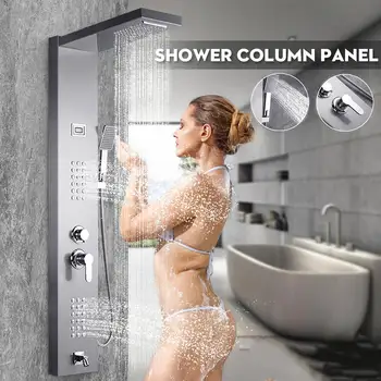 

Brushed Nickel Thermostatic Shower Column Waterfall Rainfall Shower Panel with Jets Tub Spout Hand Shower Tower Shower Column
