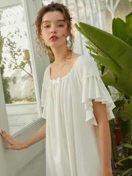 

Free Shipping 2020 New Summer Princess Nightdress Women's Nightgown Lace Sleepwear Pink White Cotton Nightshirts Short Dress
