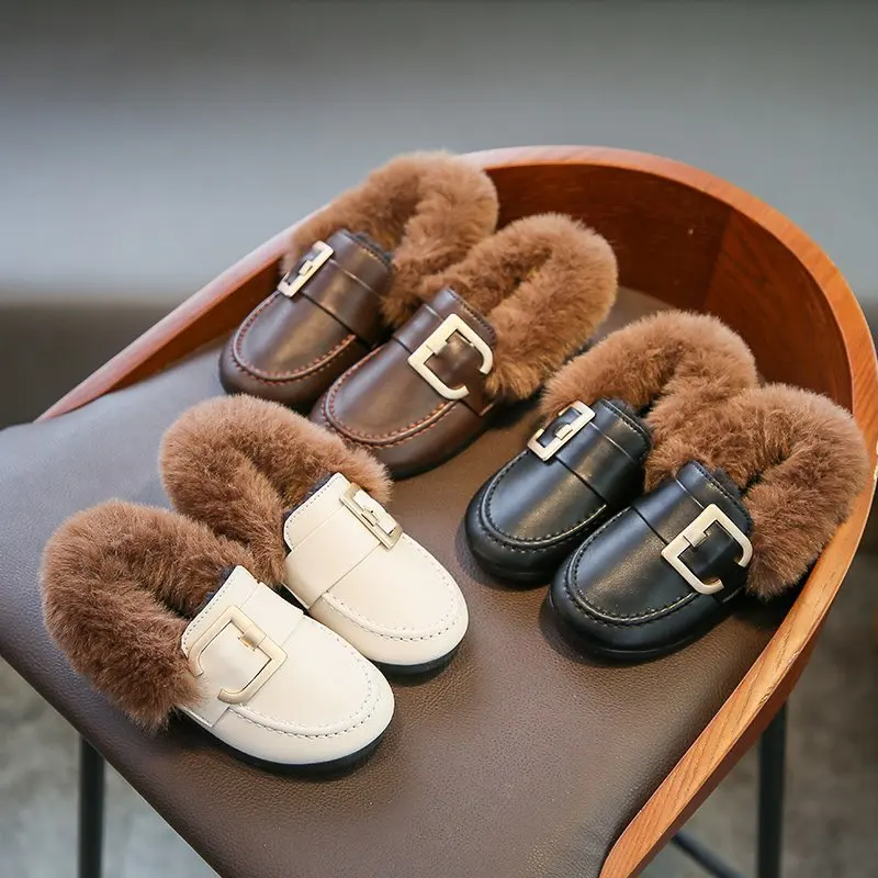 

Shoes Girls Fashion Classtic Autumn Spring Winter Warm Shoes Kids Children's Wide Pu Leather Plush Fur Princess Flat Shoe Girl
