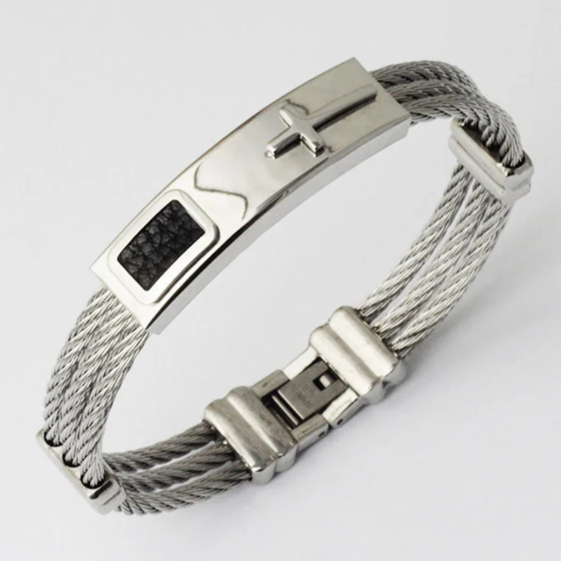 Men 3 Rows Wire Chain Bracelet Bangle Punk Stainless Steel Cross Bracelets Jewelry Gifts Bracelet Jewelry