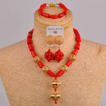 

Exquisite metal accessories cylindrical red coral tube beads jewelry African beads Nigerian wedding jewelry necklace set SH-22