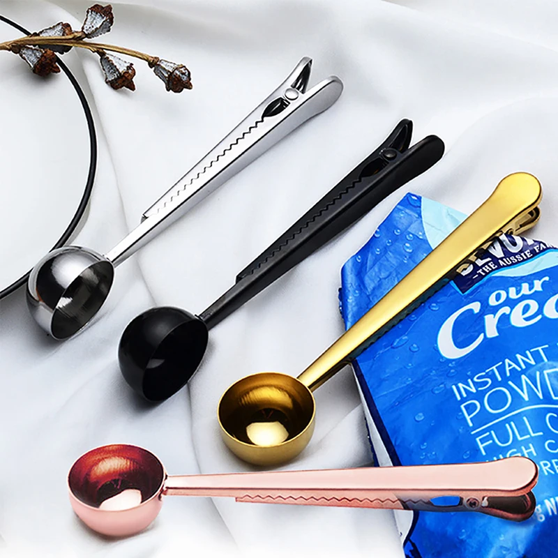 

Powder Measuring Portable Multi-function Kitchen Tools with Bag Seal Clip Stainless Steel 1Pcs Tea Coffee Scoop Spoon and Clamp