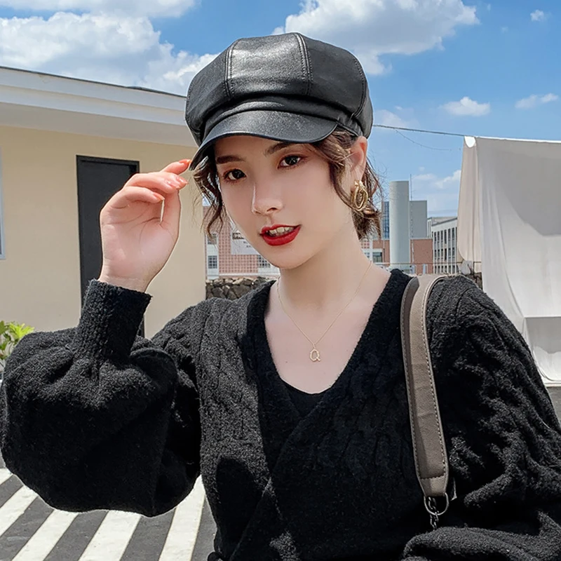 Cpop Black PU Leather Hats High Quality New Fashion Pure Colors Visors Hats Winter Simple Personality Elegant Women Winter Gifts