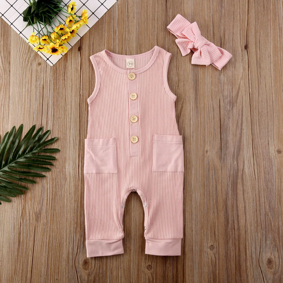 Одежда для новорожденных девочек безрукавка и повязка на голову комбинезон - Цвет: Розовый