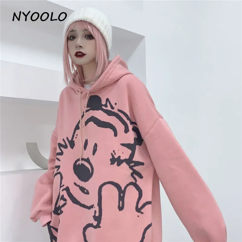 NYOOLO осень зима уличная одежда мультфильм медведь плюс бархат теплые толстовки повседневные свободные с длинным рукавом пуловер с капюшоном