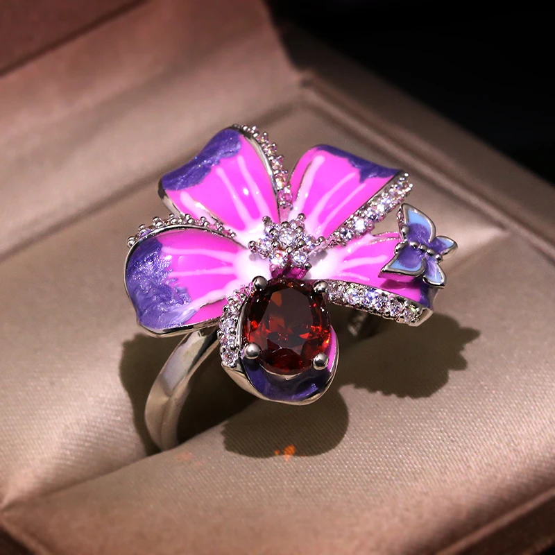 High quality Purple Flower Butterfly Delicate Ring Party Chic Jewelry Handmade Enamel For Women