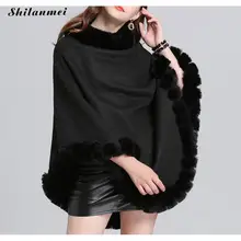 

2019 Autumn Winter Women Shawl Poncho Ladies Capes With Fur Collar Knitted Triangle Fur Ponchos Female Loose Pullover Free Size