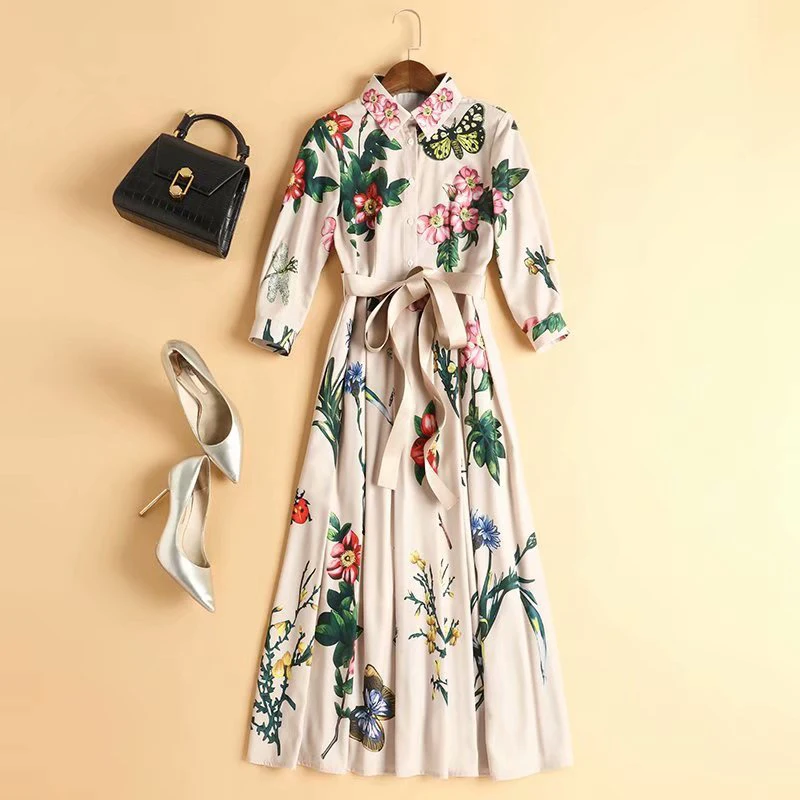 SEQINYY Beige Dress Summer Spring New Fashion Design Half Sleeve Flowers Printed Midi A-line Dress Belt