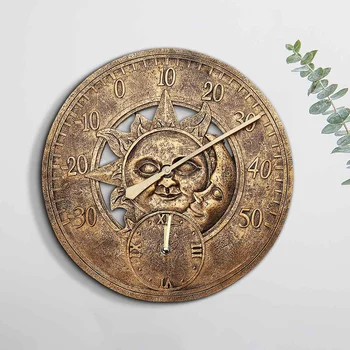 

Resin Wall clock with Thermometer Garden Outdoor decoration home indoor Waterproof Wall Station Clock 12 Inch Sun And Moon theme