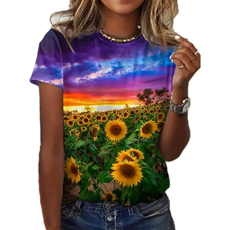2021 New Women's Rose Flower Pattern Printing Top Fashion Summer Short-sleeved Fashion Casual Plus Size 3D Rose Printing T-shirt