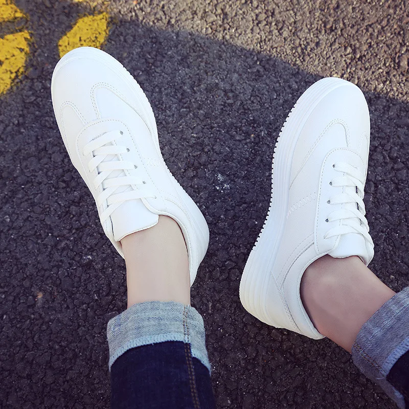 

New Style Skate Shoes PU Leather Korean-style Fashion Casual Shoes Versatile Lace-up White Shoes Casual Women Shoes Waterproof E