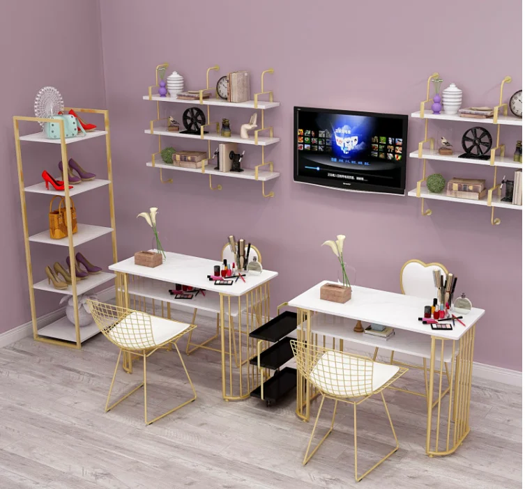 Gold marble manicure table and chair single double table manicure shop and chair set combination