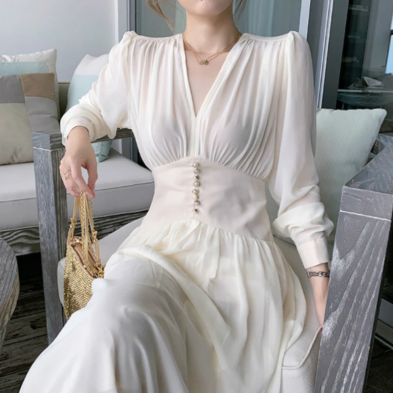 

Elegant Dress Women Solid Long Sleeve Fairy Party Dress Office Lady Sexy V-neck Cocktail Midi Dress 2020 Autumn Clothing Female