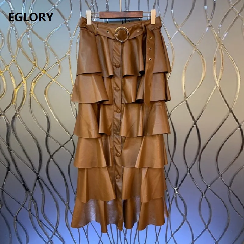

High Quality PU Leather Skirts 2019 Autumn Winter Casual Skirts Women Cascading Ruffle Sexy Mid-Calf Length Faux Leather Skirt