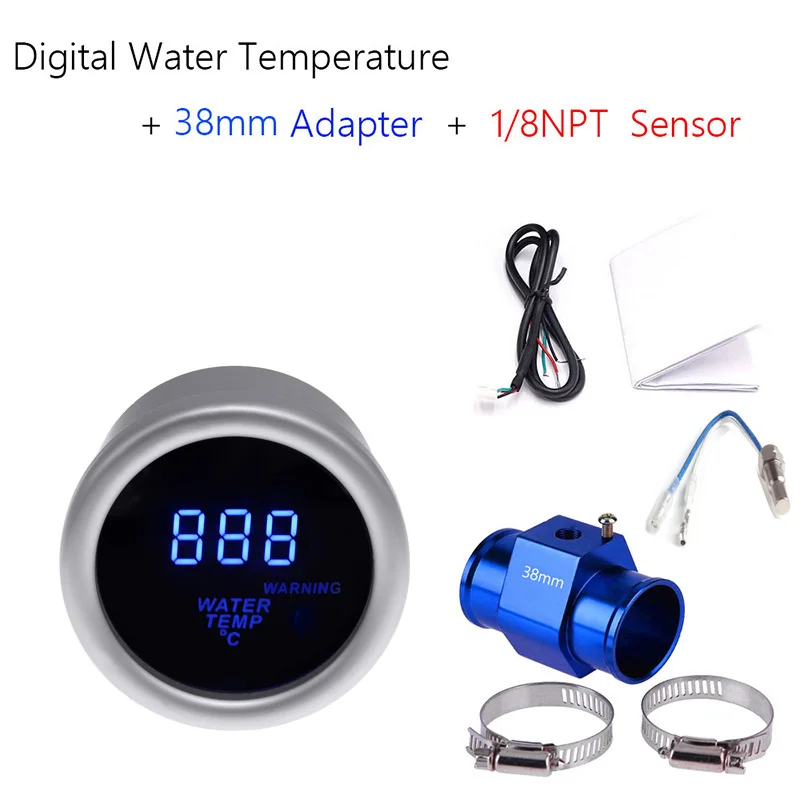 52mm Motorcycle Thermometer Digital Car Water Temperature Gauge 40~150 Celsius With Water Temp Joint Pipe Adapter 1/8NPT Sensor - Цвет: 38mm Adapter