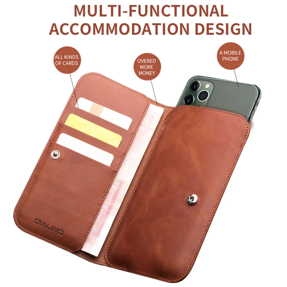 QIALINO Genuine Leather Phone Bag for Apple iPhone 11 Pro XR XS Max 6 6s 7 8 Plus SE2020 Fashion Handmade Wallet with Card Slots