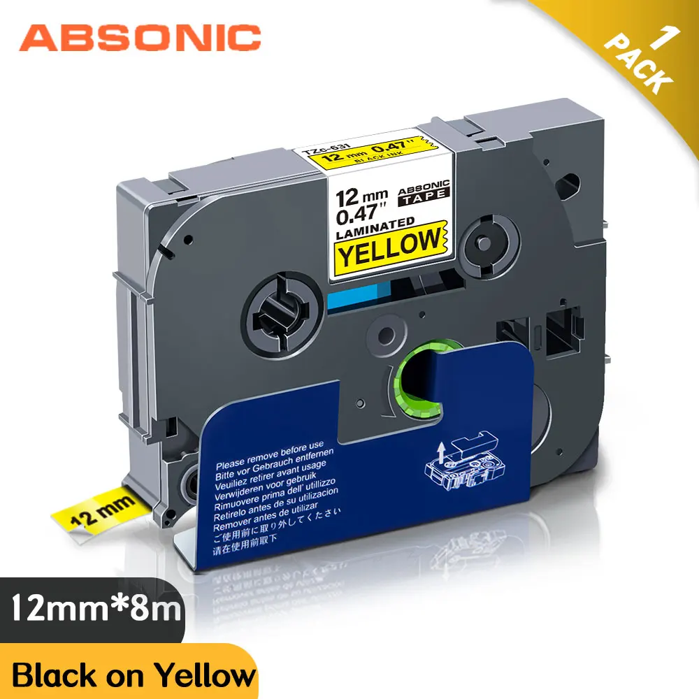 Absonic 12 мм черные на желтом TZe 631 TZ ленты для этикеток совместимы с принтером Brother p