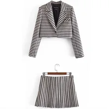 

Women Dress Free Shipping Elegant 2 Piece Sets Outfits Mini Skirt Spring Plaid Buttons Short Suit Jacket + A Line Skirt Suit
