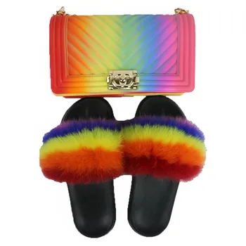 

Women Colorful Rainbow PVC Bag Jelly Bag Purse Soft Plastic bag With Matching Fur Slipper Set