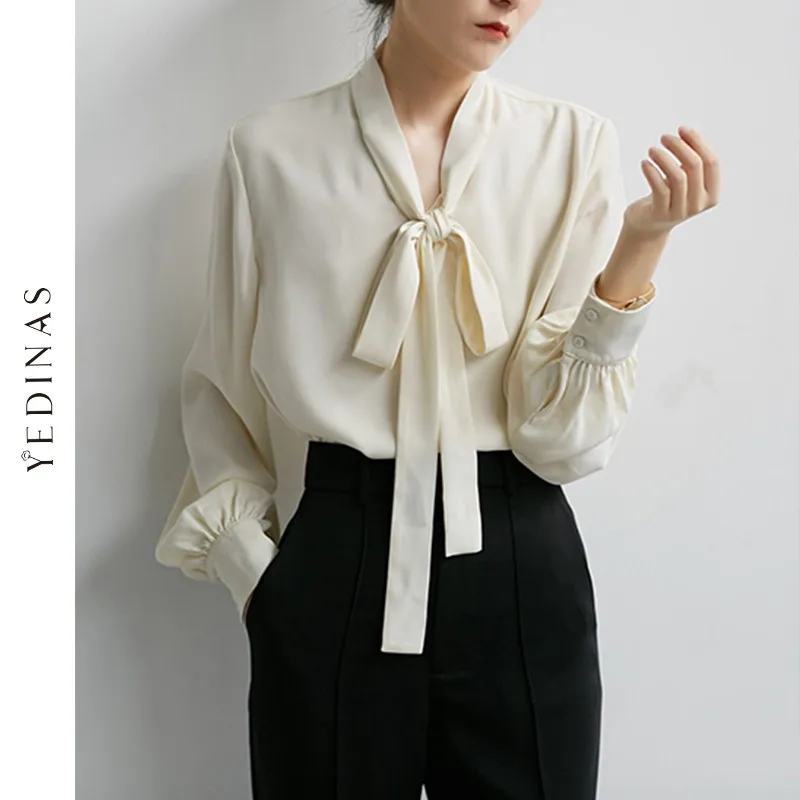 

Yedinas Japanese Style Elegant Bow Tie Shirt Women White V-neck Blouses Solid Office Shirt Long Sleeve Female Shirts Vintage Top