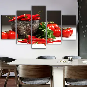 

5 Panels Kitchen Theme Decorative Canvas Art Prints Tomato And Chili Realist Modular Pictures Cuadros Wall Decor Canvas Painting