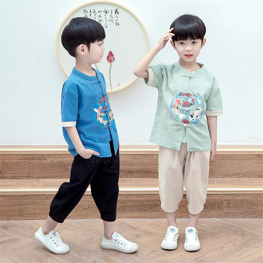 Summer Cotton Traditional Chinese Clothing for Kids Shirts Carp Vintage Top Pants Suit New Year Clothes Kung Fu Hanfu Men