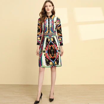 

Xiaomoli Retro printing fashion classic waist collection temperament Pleated Dress New Winter 2019