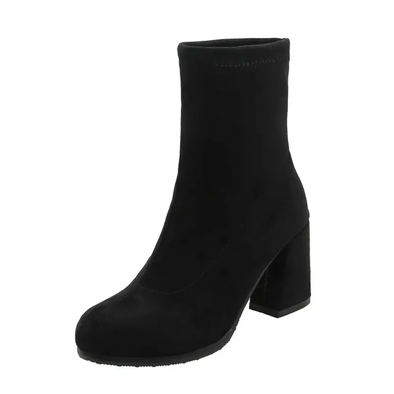 

B2-7 Size 32-46 Female Flock Slip-on Ankle Boots Ladies Round Toes Boot Woman Thick Heels Shoes Women Winter Comfort Career Shoe
