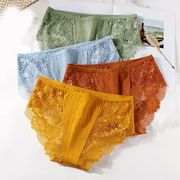 

Sexy Underwear Women Fashion Lace Briefs Candy Colors Panties Girls Solid Color Thin Lingerie Female Breathable Cotton Underpant