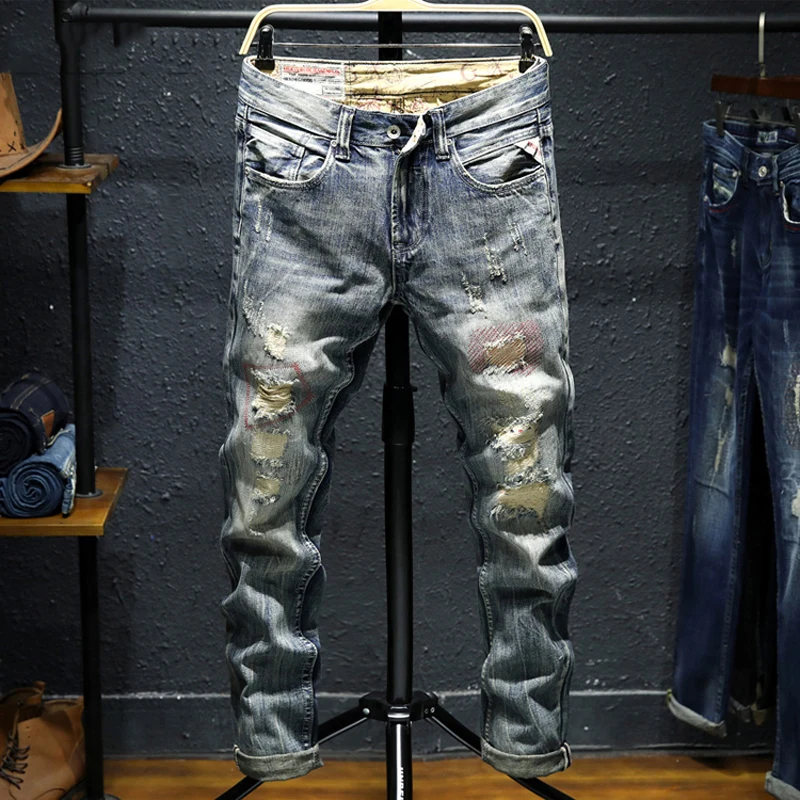 

Italian Style Fashion Men Jeans Retro Yellow Washed Slim Fit Destroyed Ripped Jeans Men Patchwork Designer Hip Hop Jeans Homme