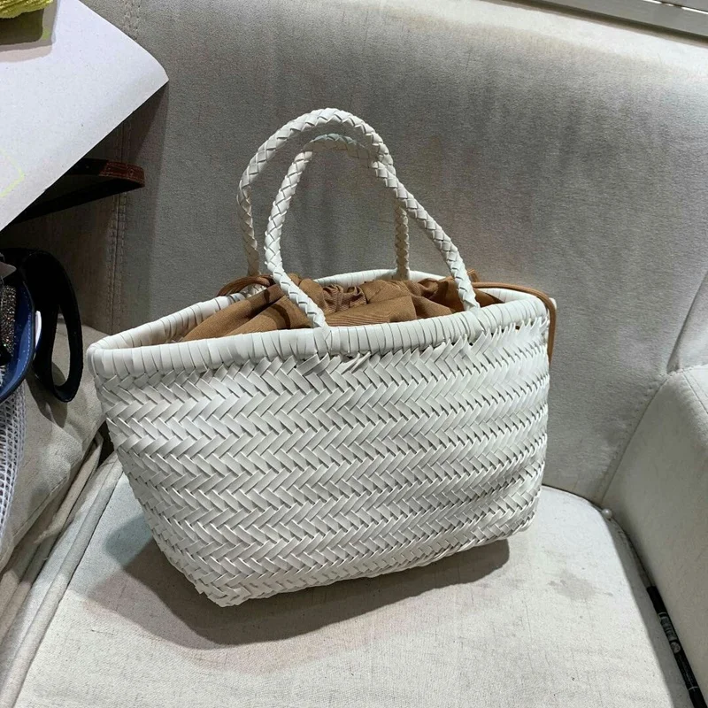 ABZC-New Thai Straw Bag Single Shoulder Beach Rattan Package Holiday Handbag Handmade Seaweed Woven Bag White