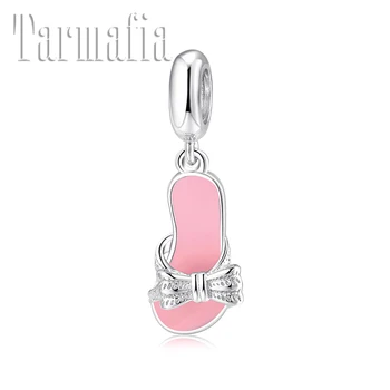 

New bowknot pink slipper shape 925 Sterling Silver fine Pendants beads Fit Original Pandora Charm Bracelet Women Jewelry making