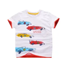 Летняя новая стильная детская футболка из чистого хлопка с принтом машинки и короткими рукавами; топ для мальчиков контрастного цвета