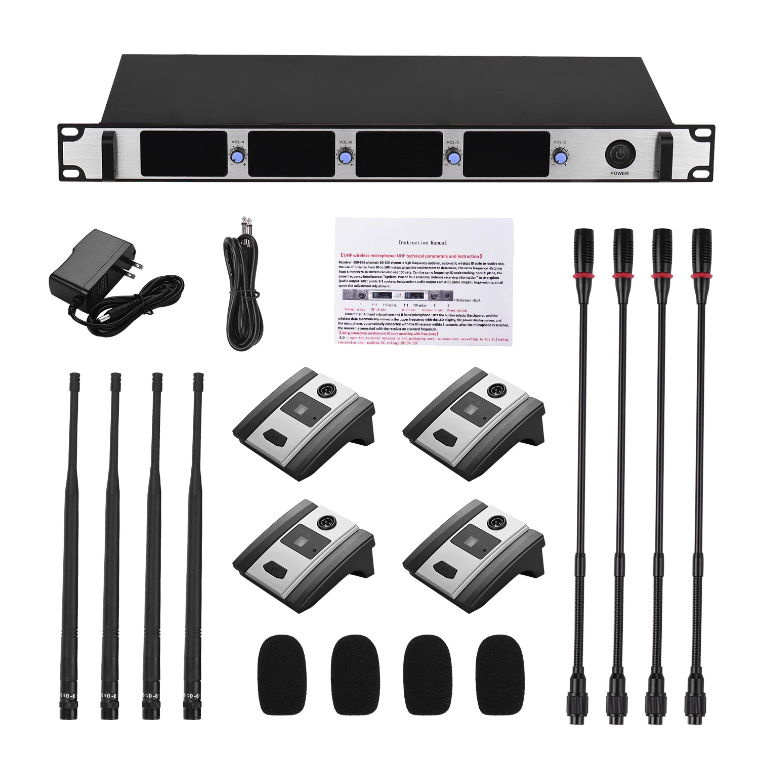 Wireless Microphone System 4-Channel UHF Cordless Mic Set with 4 Headset Mics with Bodypack Transmitter& 1 Rack-Mount Receiver