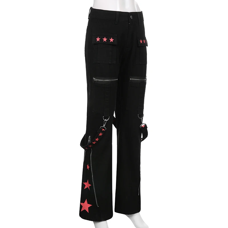 SUCHCUTE Gothic Bandage Jeans Women Dark Academic Low Waist Wide Leg Pant Harajuku Vintage Emo Hip Hop Denim Trousers Punk Style patchwork jeans