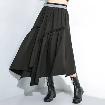 

[LANMREM] 2020 Spring New Products Fashion Elastic Waist Solid Color Pleated Personality Irregular Skirt Female PA664