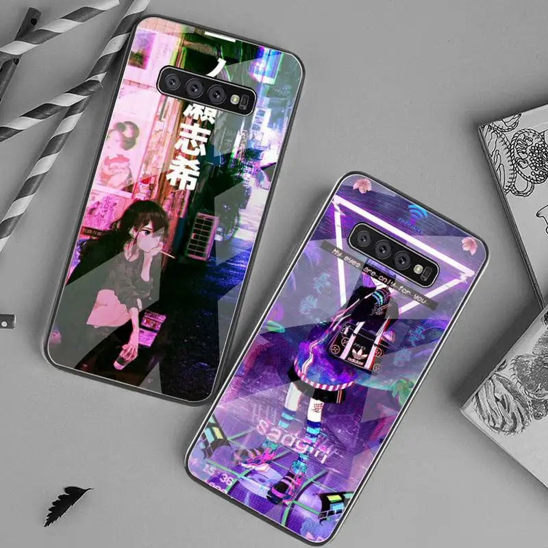 Силиконовый черный чехол для телефона Vaporwave Glitch с рисунком аниме закаленное