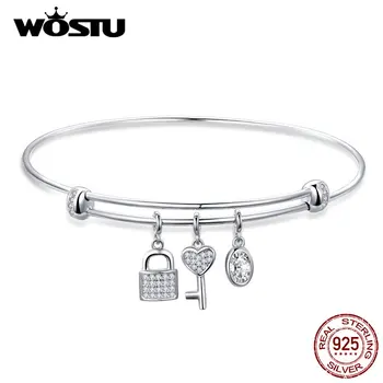 

WOSTU Floating Key & Lock Bangle Bracelets 925 Sterling Silver Dazzling Clear CZ Charm Bracelets For Women Luxury Jewelry CQB119