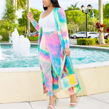 

Plus Size 4Xl Two Piece Matching Set Women Sexy Tie Dye Printed 2 Pieces Set Long Cardigan Pants Tracksuits Outfits