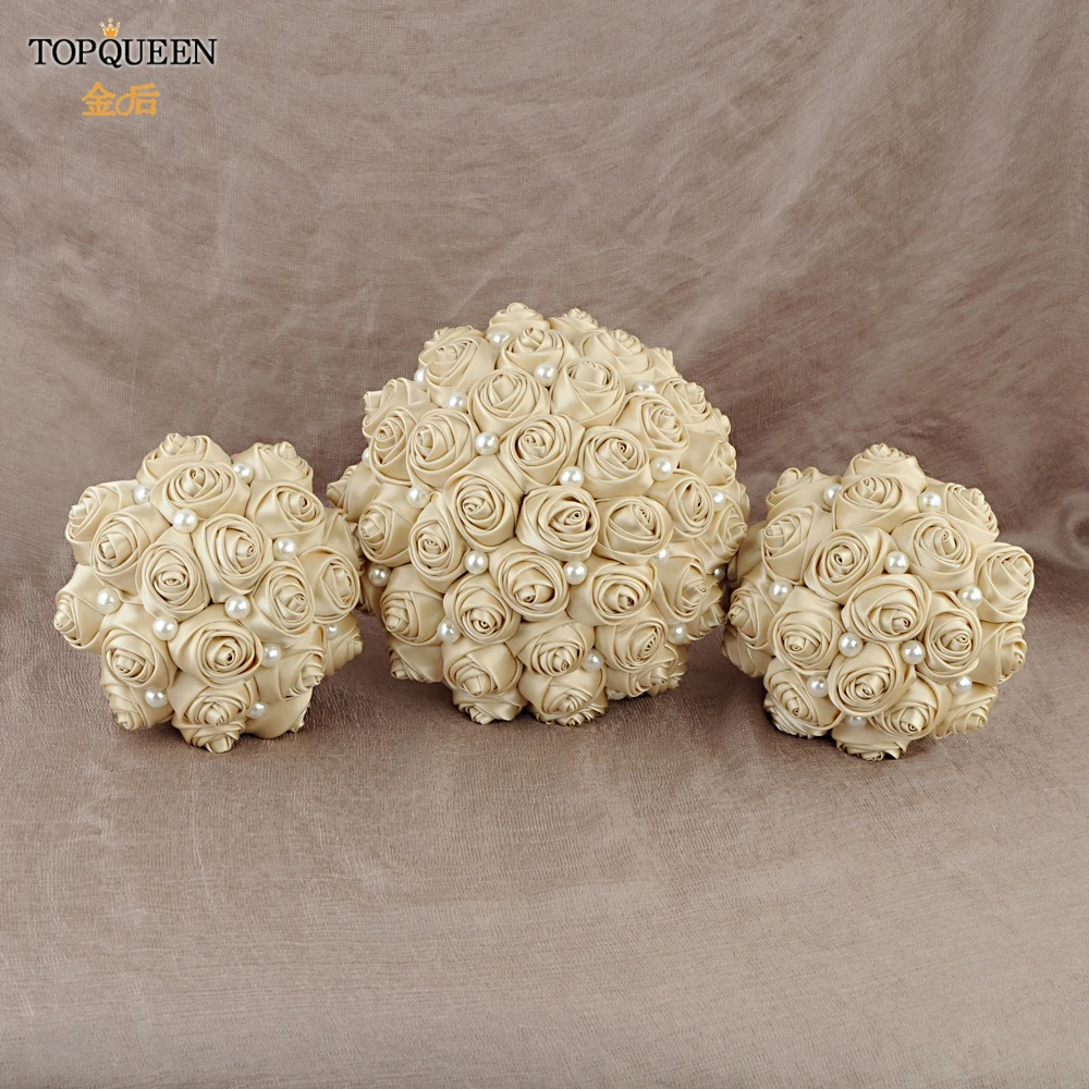 TOPQUEEN F3-CP Bridal Bouquets Artificial Flower Champagne Wedding Bouquet Stunning Handmade Satin Rose Flowers for Bridesmaid