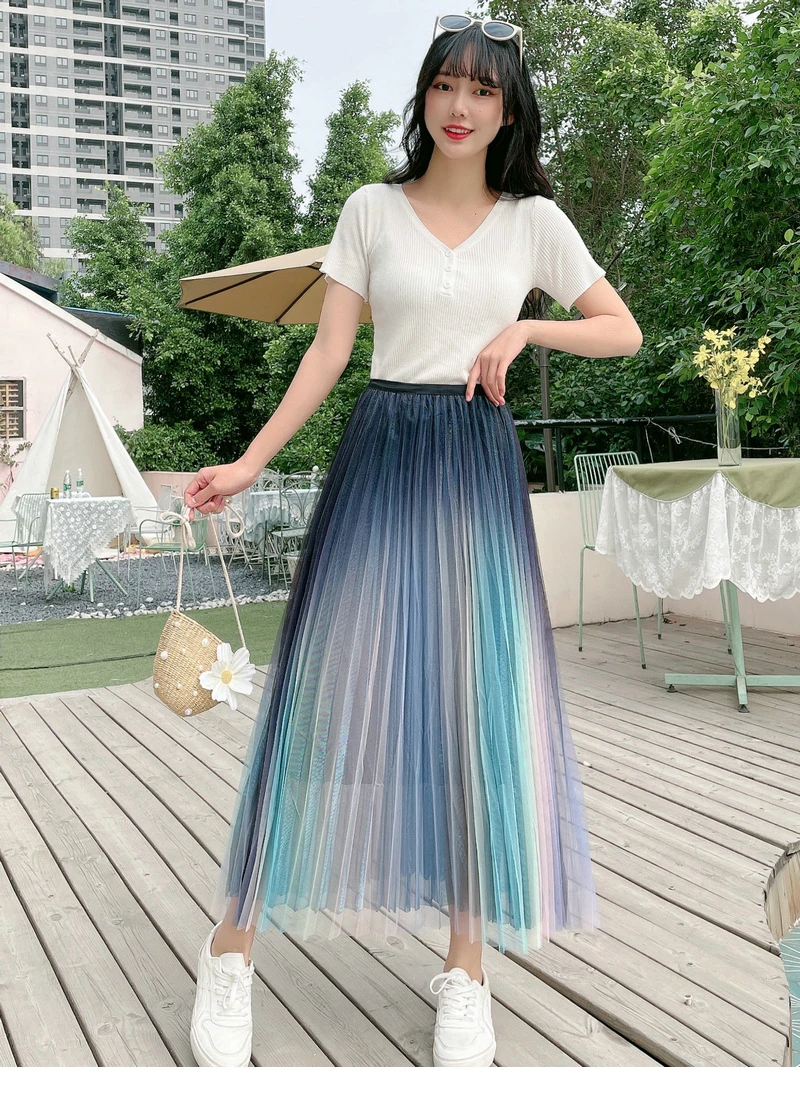 TIGENA אופנה ארוך קפלים טול חצאית נשים 2021 קיץ קוריאני שיפוע אסתטי רשת קו גבוהה מותן מקסי חצאית נקבה