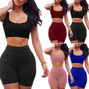 

2PCS Women's Crop Tops+ Shorts Bodycon Casual Outfit Sportswear Summer Tracksuit Sest