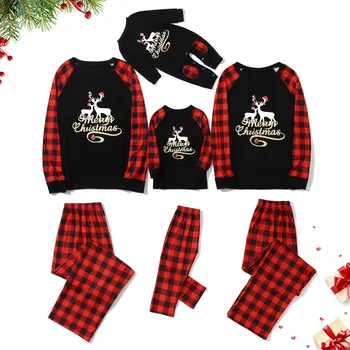 買取 クリスマス2020パパママ私チェック柄鹿プリント長袖トップス + パンツファミリーpjsマッチングセットpijamasバーラデナビダドおなじみの
