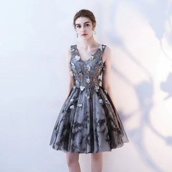 

Gray Flower Appliques Evening Dress Sexy Bling Party Prom Dress Mini V-Neck Qipao Lady Mesh Ball Gown Elegant Robe De Soiree