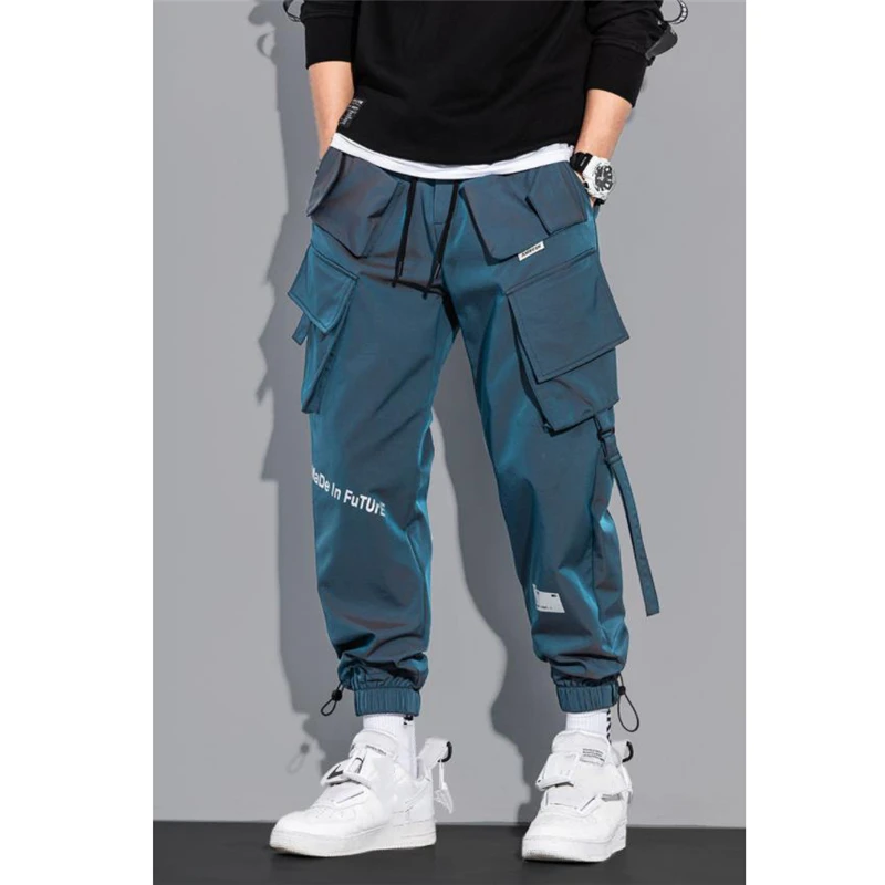 Hip Hop Streetwear Joggers Pants Men Student Casual Cargo Pant Trousers High Street Elastic Waist Loose Laser Harem Pant Boys cargos for men